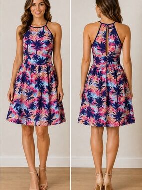 City Triangle XS Halter Fit & Flare Dress Floral Lined Back Zip Summer